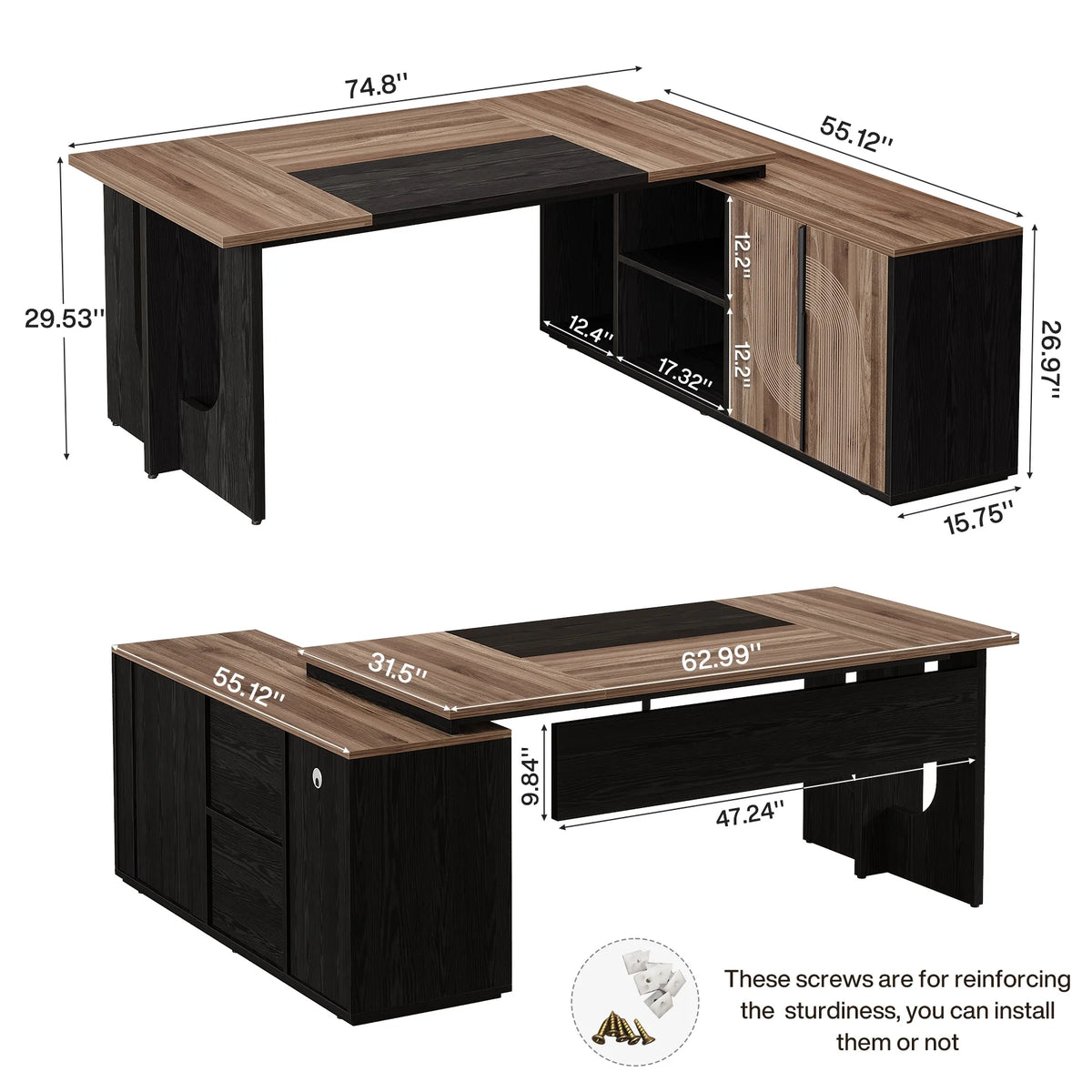 Tribesigns 74.8" Executive Desk, Large L Shaped Computer Desk Office Desk with Cabinet, White and Wood