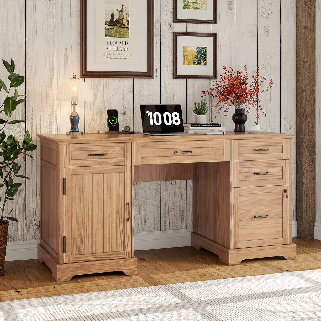 Whalefall 55 in Farmhouse Executive Desk with File Drawer for Adult Home Office, White