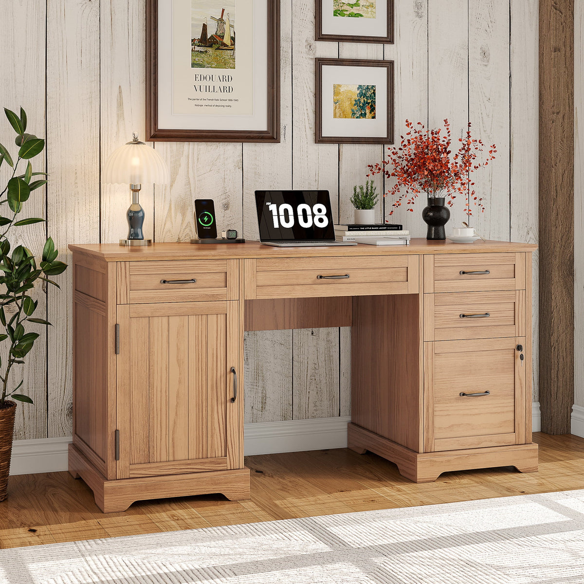 Whalefall 55 in Farmhouse Executive Desk with File Drawer for Adult Home Office, White
