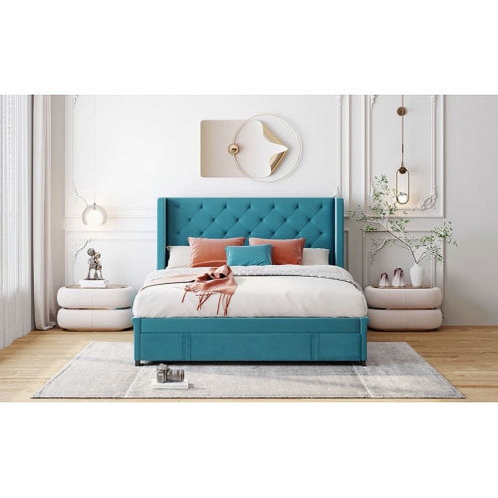 Queen Bed Frame with Storage Drawer, Velvet Upholstered Storage Bed, Wood Platform Bed Frame with Wingback Headboard and a Big Drawer(Beige)