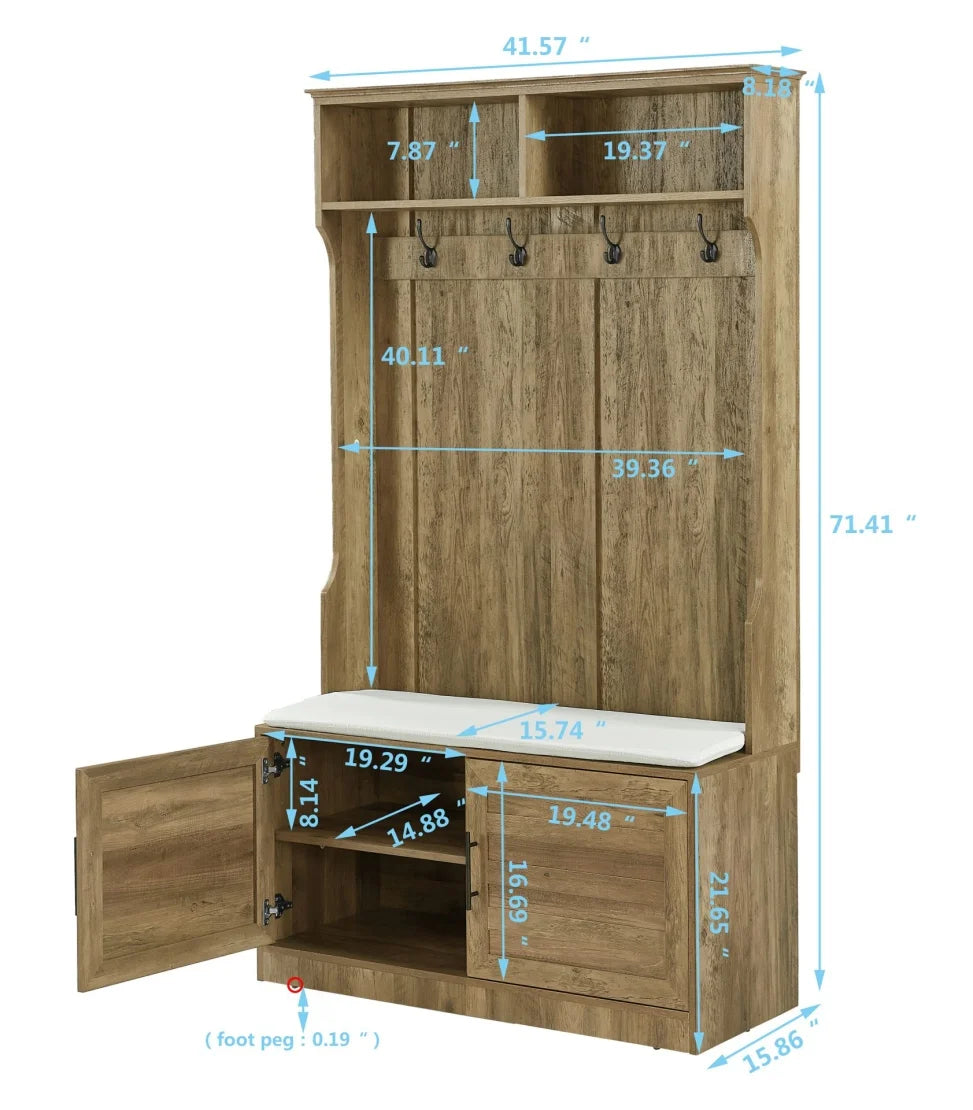 Entryway Hall Tree with Storage Bench, Wooden Coat Rack with Sponge Pad and 4 Dual Hooks, Storage Shelf Organizer with 2-Door Cabinet for Entryway, Bedroom, Easy to Assemble