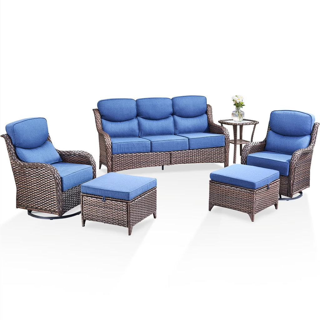Bellefurn Luxury Outdoor Patio Furniture Set,Swivel Rocker Patio Chairs with 6-inch Thick Cushion,Patio Sofa and Glass Coffee Table,Outdoor Conversation Set for Porch, Deck, Yard