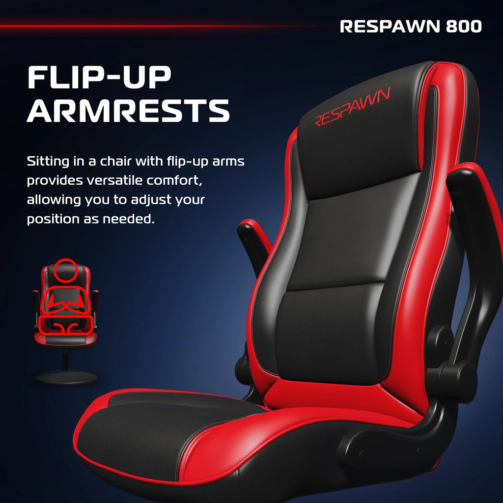 RESPAWN 800 Swivel Rocker Gaming Chair - Ergonomic Floor Gaming Seat with Lumbar Support, Flip Up Armrest, High Back, Pedestal Base, Comfortable No Wheels Console Video Game Rocker Chair - Red