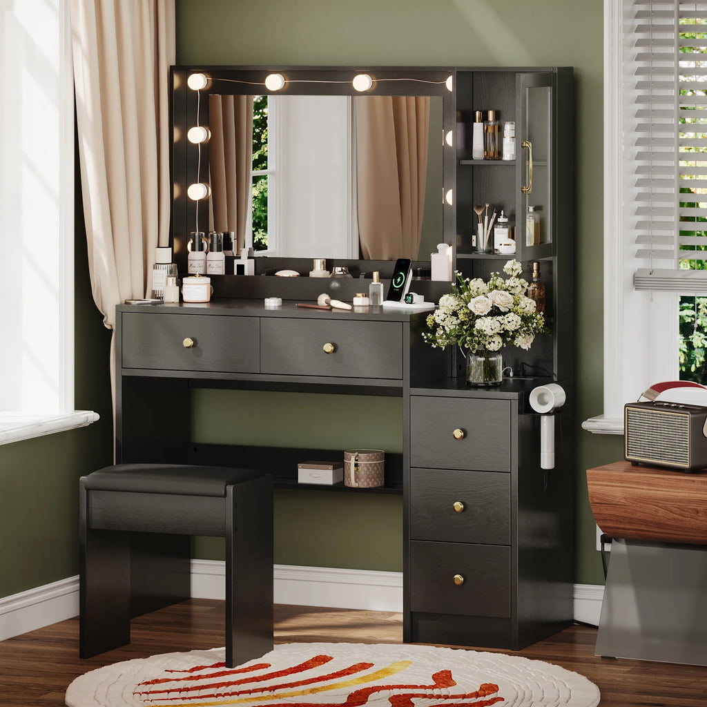 UGTOO 58.3" White Vanity Desk with Mirror, Adjustable Lighting, Power Outlet, Drawers, with Stool