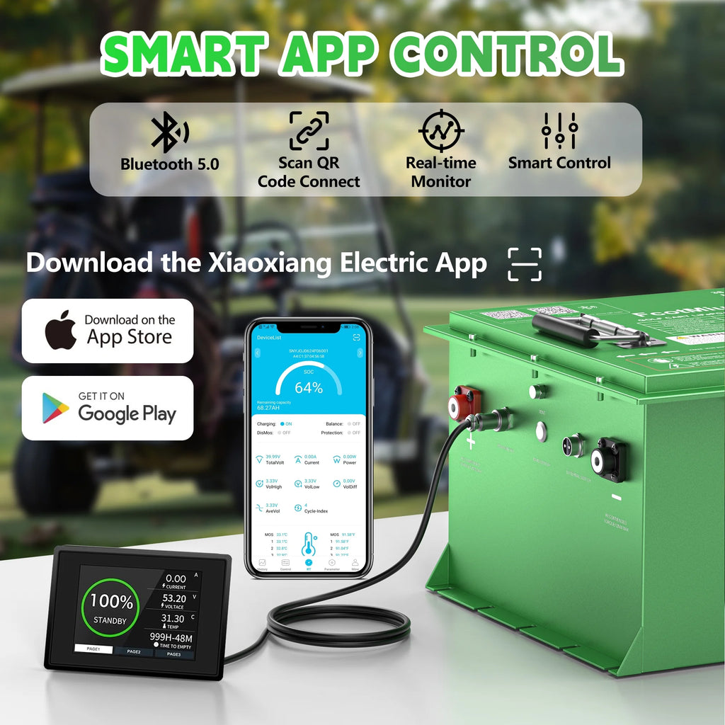 48Volt Lithium Golf Cart Battery , 6000+ Cycles 51.2V 105Ah LiFePO4 Battery, Built-in 200A Smart BMS Support up to 5kW Motor Conversion Kit ,with Touch Monitor & Mobile APP, 20A Charger