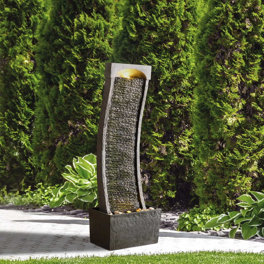 Teamson Home Indoor/Outdoor Modern Curved Slate Stone-Look Tall Waterfall Fountain with LED Lights