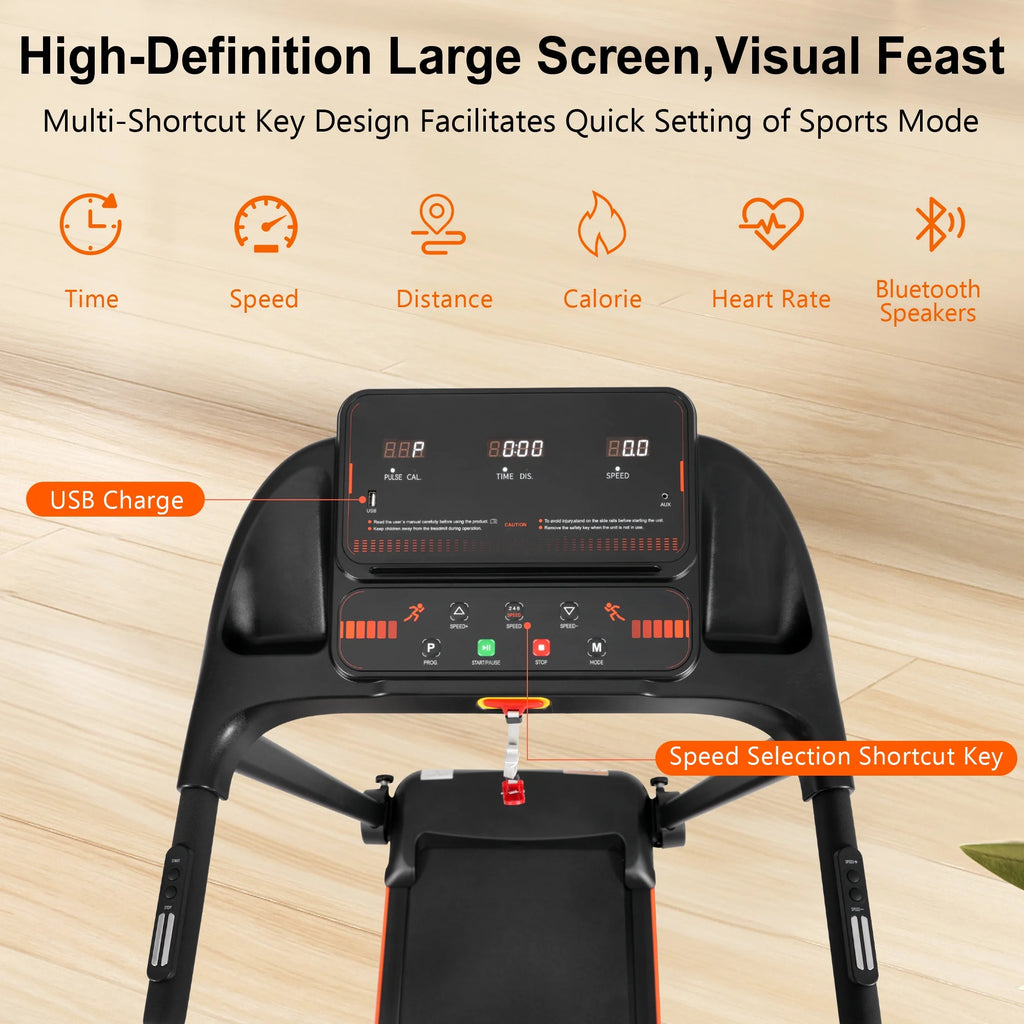EUROCO 300 LBS Portable Folding Treadmill,2.5 HP Foldable Compact Treadmill with LED Display, Adjustable Incline,Heart Rate Sensor,Charge Station,Bluetooth Speaker and 6 Shock-Absorbing for Home