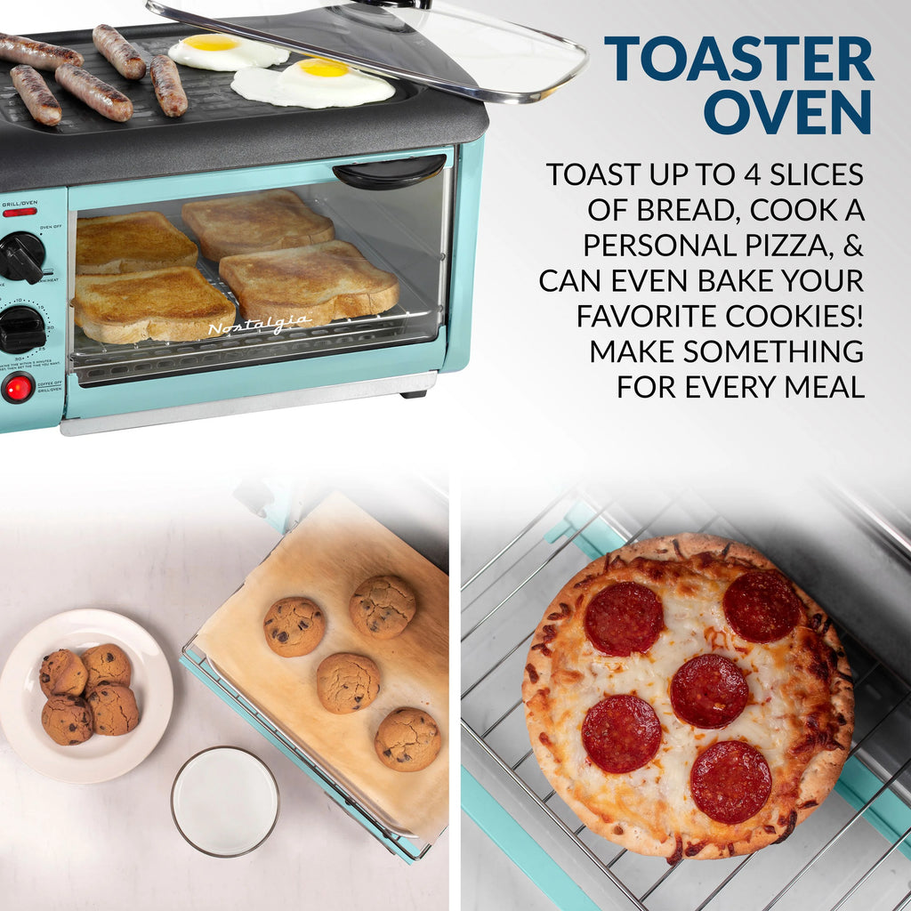 BST3AQ Retro 3-in-1 Family Size Electric Breakfast Station, Coffeemaker, Griddle, Toaster Oven - Aqua