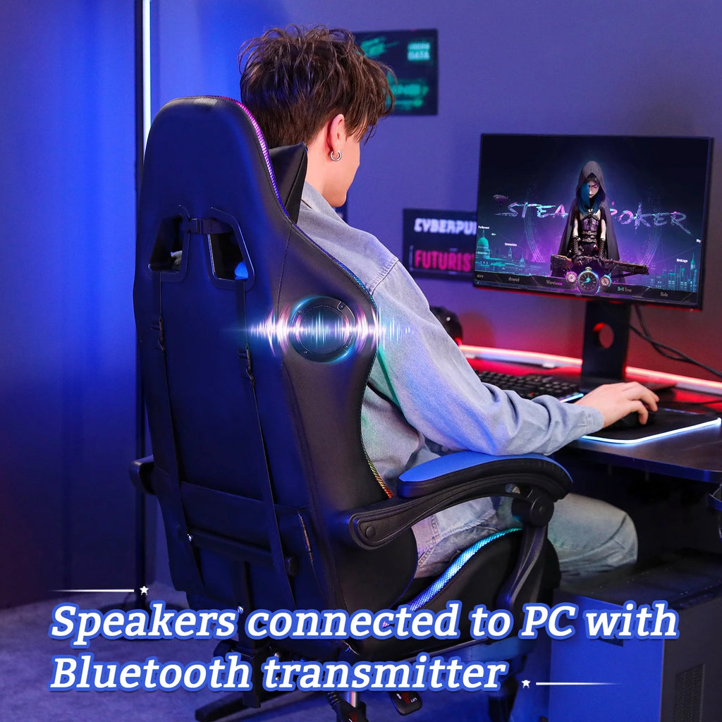 Hoffree Gaming Chair with Bluetooth Speakers and Footrest Massage Office Chair with LED Lights Ergonomic Game Chair High Back with Lumbar Support and Headrest Adjustable Swivel for Adults 300lb