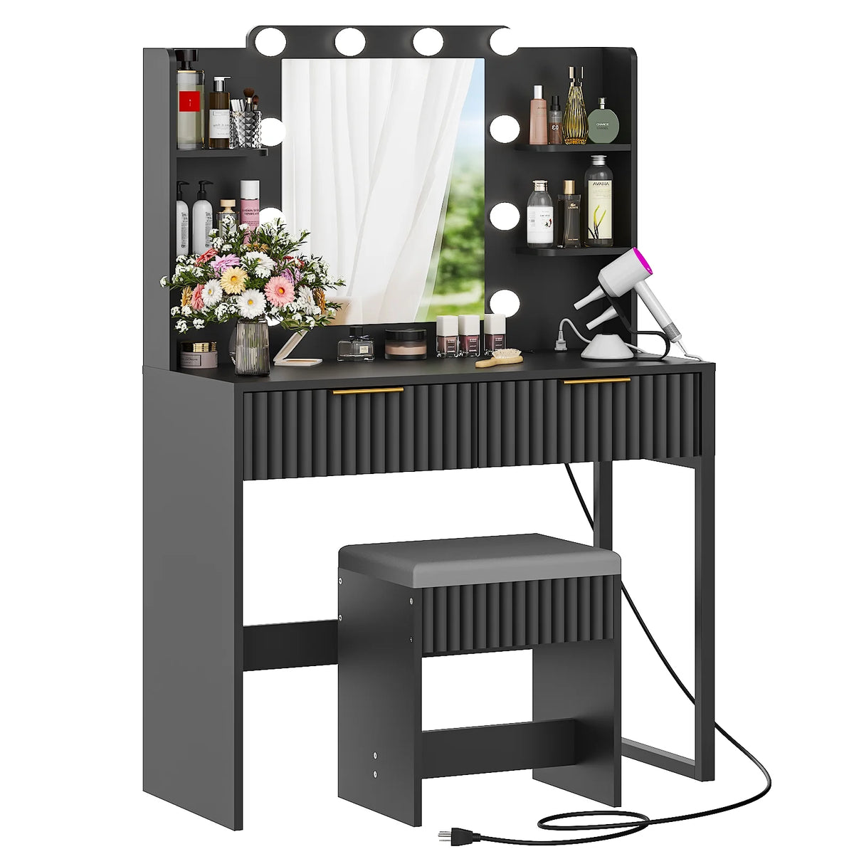 Ktaxon Lighted Makeup Vanity, White Vanity Table Set with 2 Drawer and Charging Station, Femal Gift
