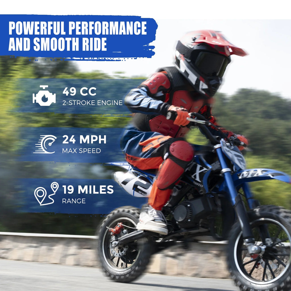 MX moto 49CC Kids Dirt Bicycle, 2-Stroke Gas Powered Off Road Motorcycle, Tire Shock Absorber Spring Soft Seat Cushion with Front and Rear Disc Brake, Max Speed 28 MPH