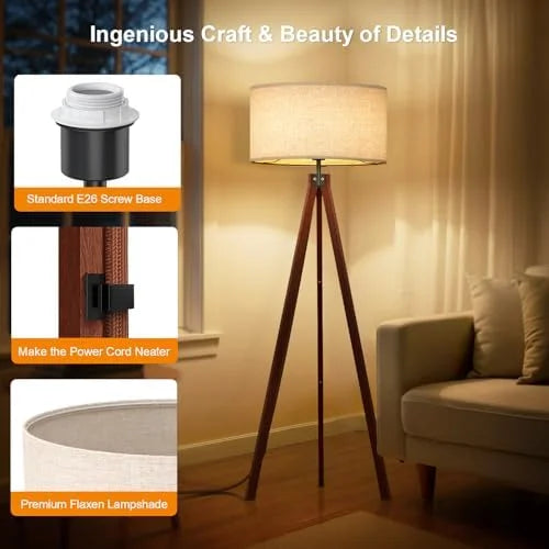 Wood Tripod Floor Lamp, Mid Century Standing Lamp, Modern Design Studying Light for Living Room, Bedroom, Study Room and Office, Flaxen Linen Shade with E26 Base Brown