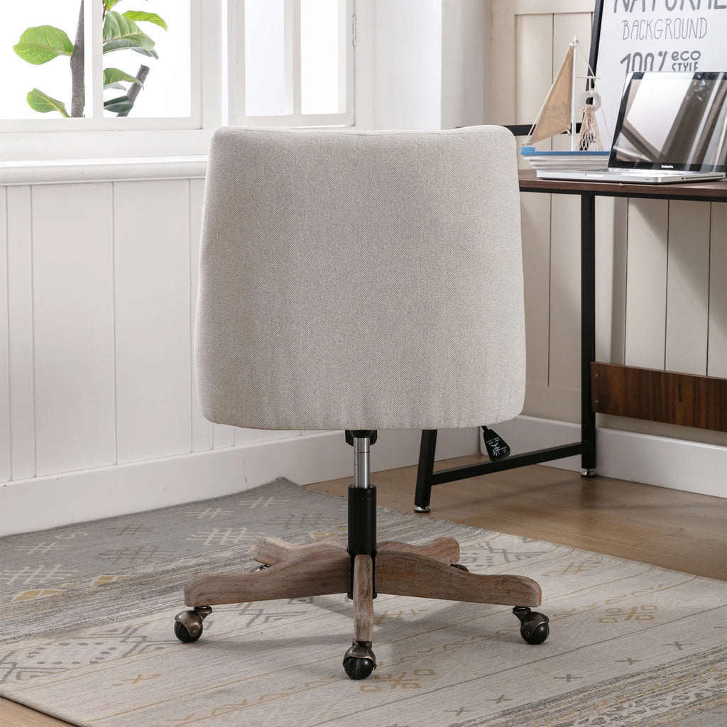 360 Degree Swivel Office Desk Chair, Upholstered Leisure Vanity Chair with Solid Wood Base and Wheels, Adjustable Height Computer Chair for Bedroom Living Room, Brown