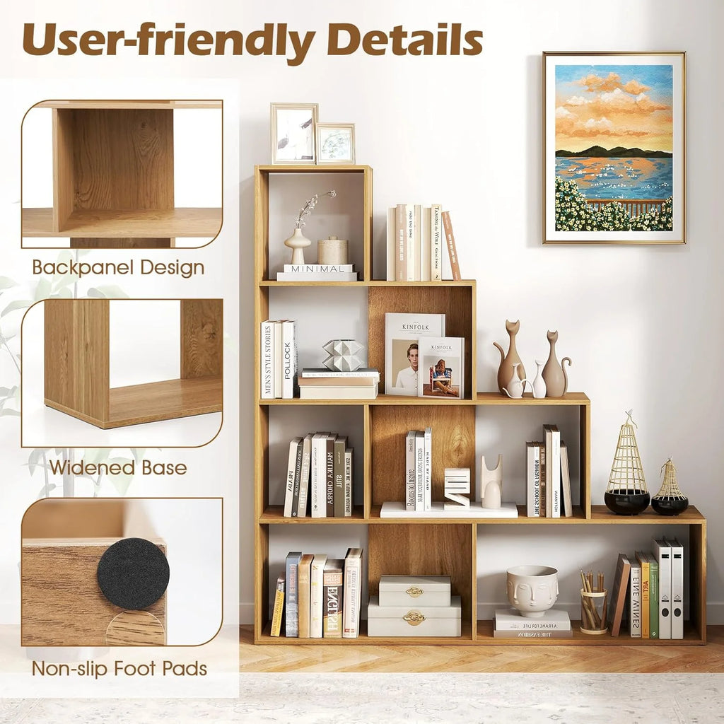 JTYUB 4-Tier Stepped Bookshelf, Freestanding 6 Cubes Ladder Bookcase with Anti-Tipping Kits, 64" Tall Modern Wooden Storage Display Rack for Home Office Living Room Study ,1 PCS,Natural