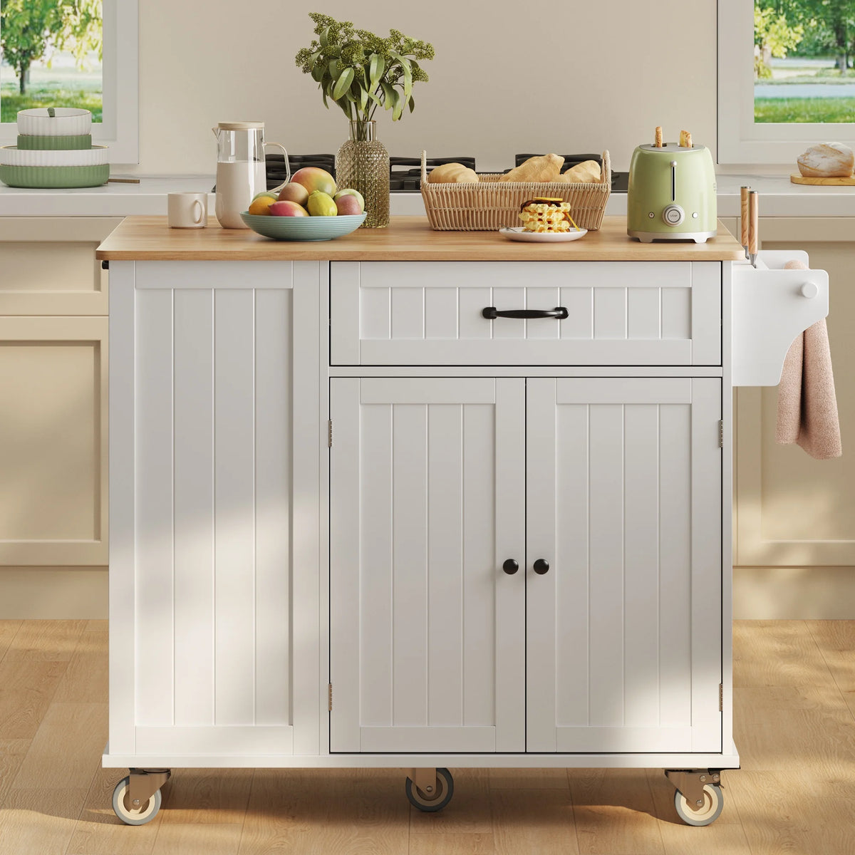 Noelse Rolling Kitchen Island with Drop Leaf Table and Hidden Trash Cabinet, Mobile Kitchen Cart with Storage Drawer, Adjustable Shelves & Rubberwood Countertop on Wheels, White