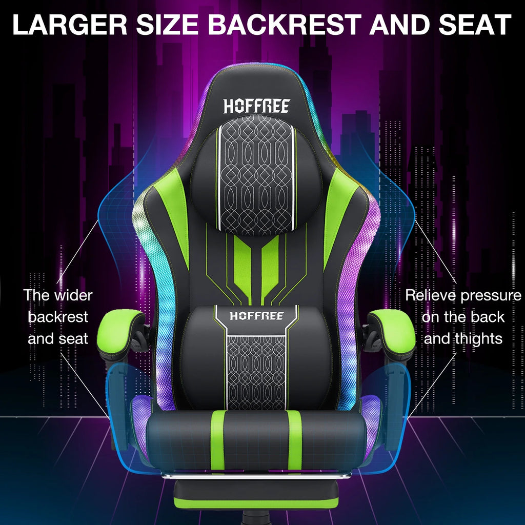 HOFFREE Big and Tall Gaming Chair with Speakers and RGB Lights, Gamer Chair with Footrest, Lumbar Support Height Adjustable 360-Swivel Seat and Headrest for Adults, 400lbs