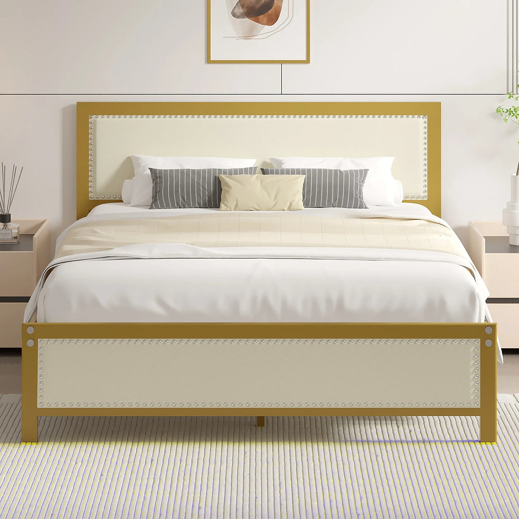 VECELO Queen Size Bed Frame Metal Platform Bed with Upholstered Headboard, No Box Spring Needed, Black