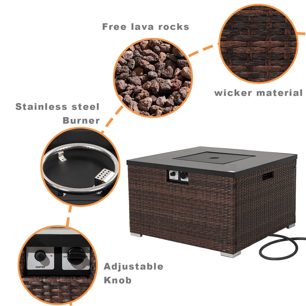 COSIEST Outdoor Propane Fire Pit 32-inch Square Espresso Brown Wicker Fire Table