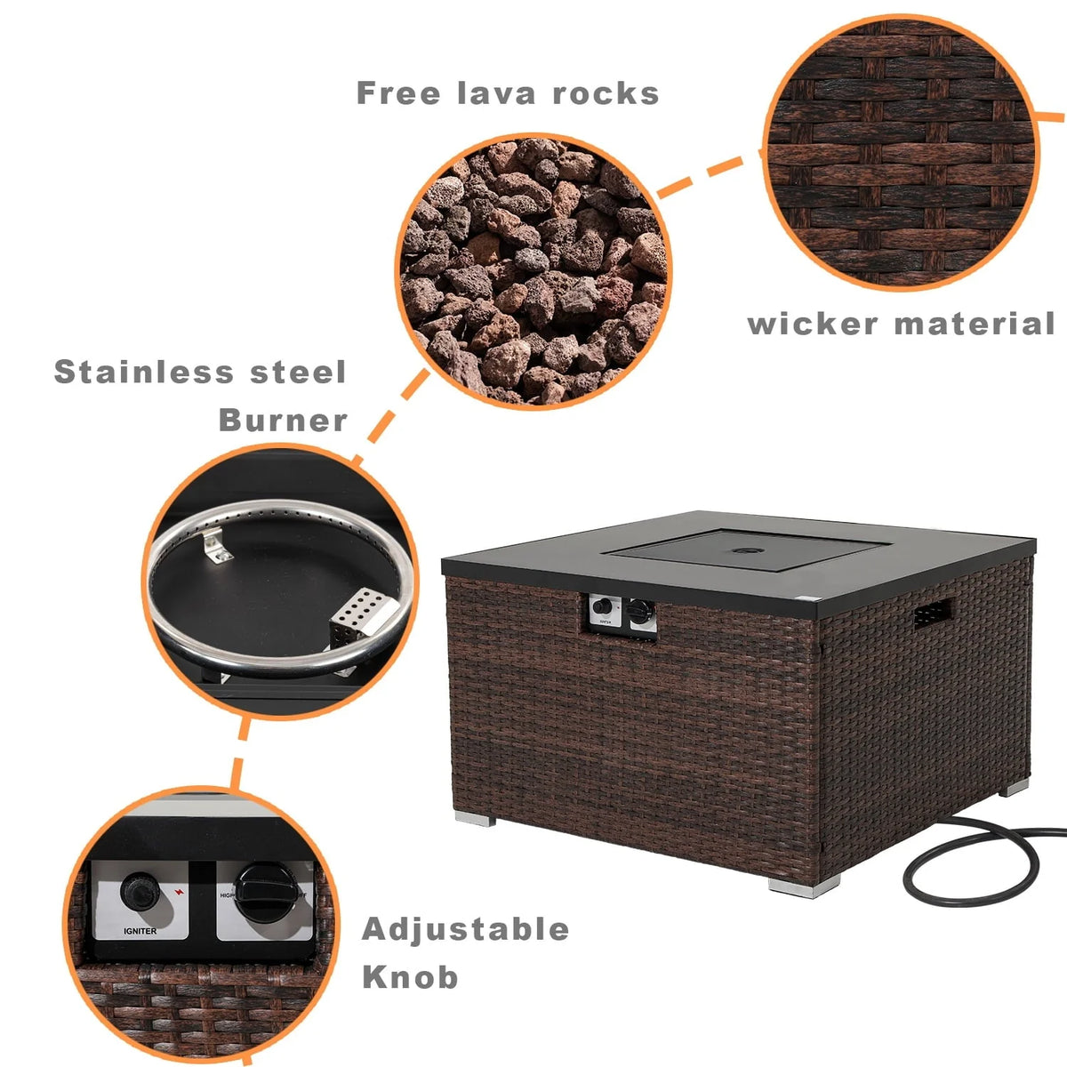 COSIEST Outdoor Propane Fire Pit 32-inch Square Espresso Brown Wicker Fire Table