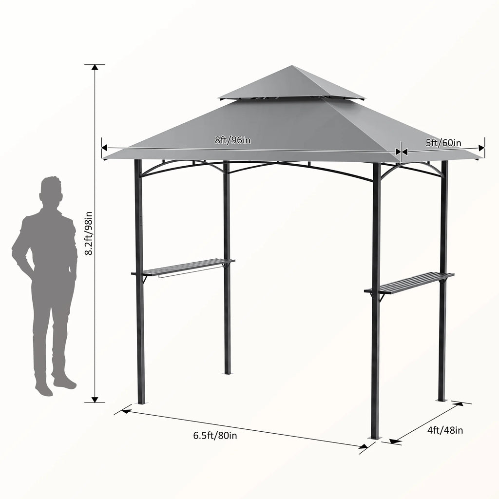 GVDV 8'x 5' Grill Gazebo Canopy, Outdoor BBQ Gazebo Shelter with 2 Side Shelves & Double-Tiered Top