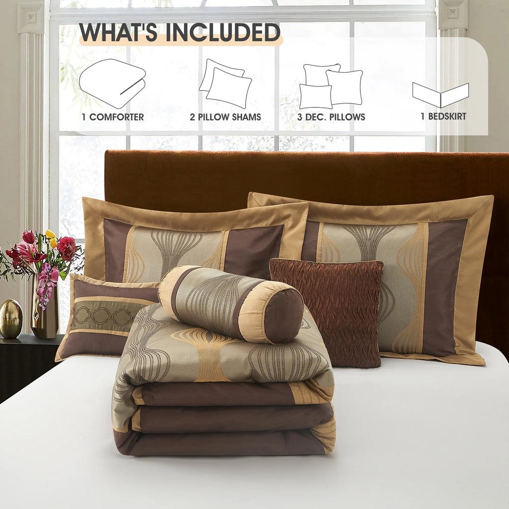 Lanco Elegant Black and Gold Comforter Set,Striped, 7 Pieces Jacquard Bedding Sets with Comforter for All Season, Bed Skirt, Pillows & Shams, Queen Size, Lightweight Microfiber