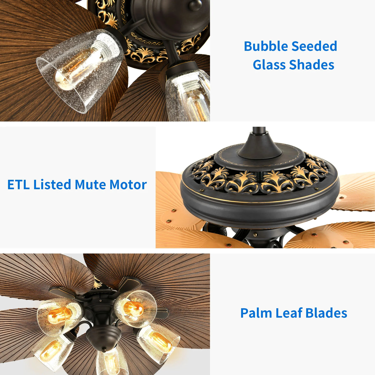 52 Inch Tropical Ceiling Fans with Light and Remote, Fan Light with Memory Function, 3 Speed & Lights Colors Changing, Outdoor Palm Leaf Fan - Brown