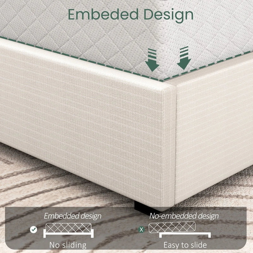 LARMACE King Size Upholstered Bed Frame with 4 Storage Drawers and Vertical Channel Tufted Headboard Linen Platform Bed Frame Wingback Beds with Wooden Slats Support, Beige