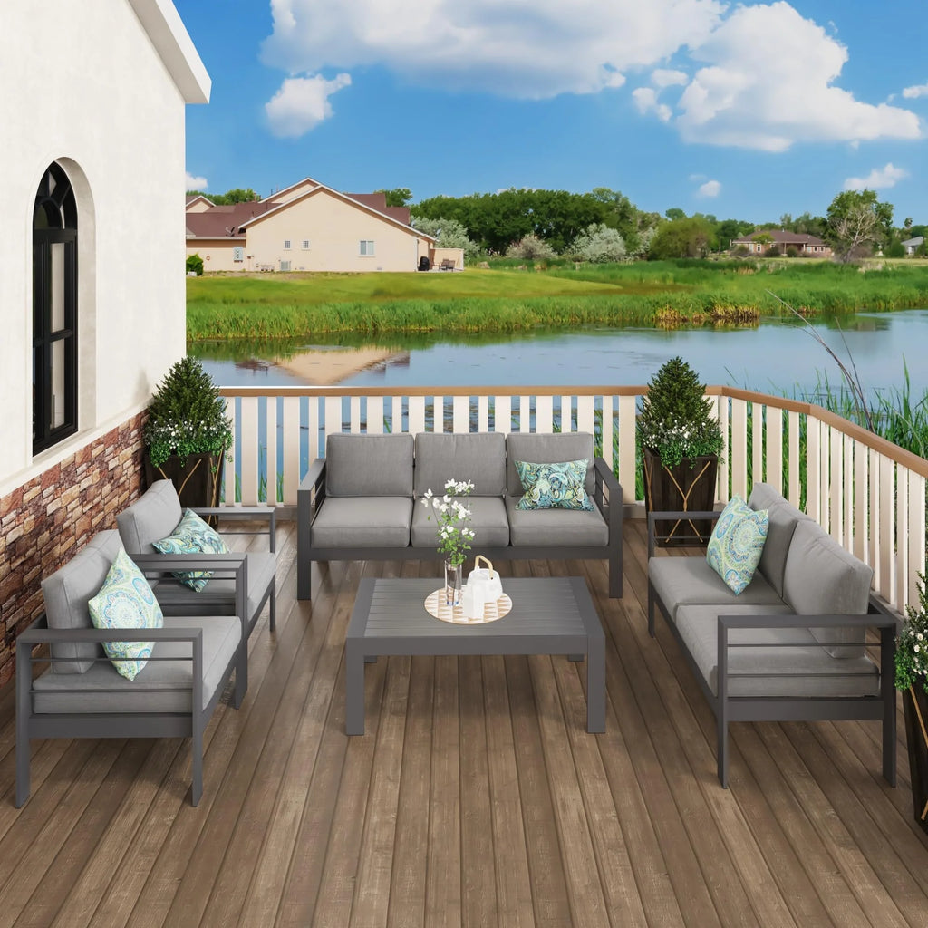 CozyHom 5 Pcs Outdoor Patio Aluminum Furniture Sofa Sets, Outside Patio Conversation Couch Sets With Table&Cushions for Garden Porch, Gray