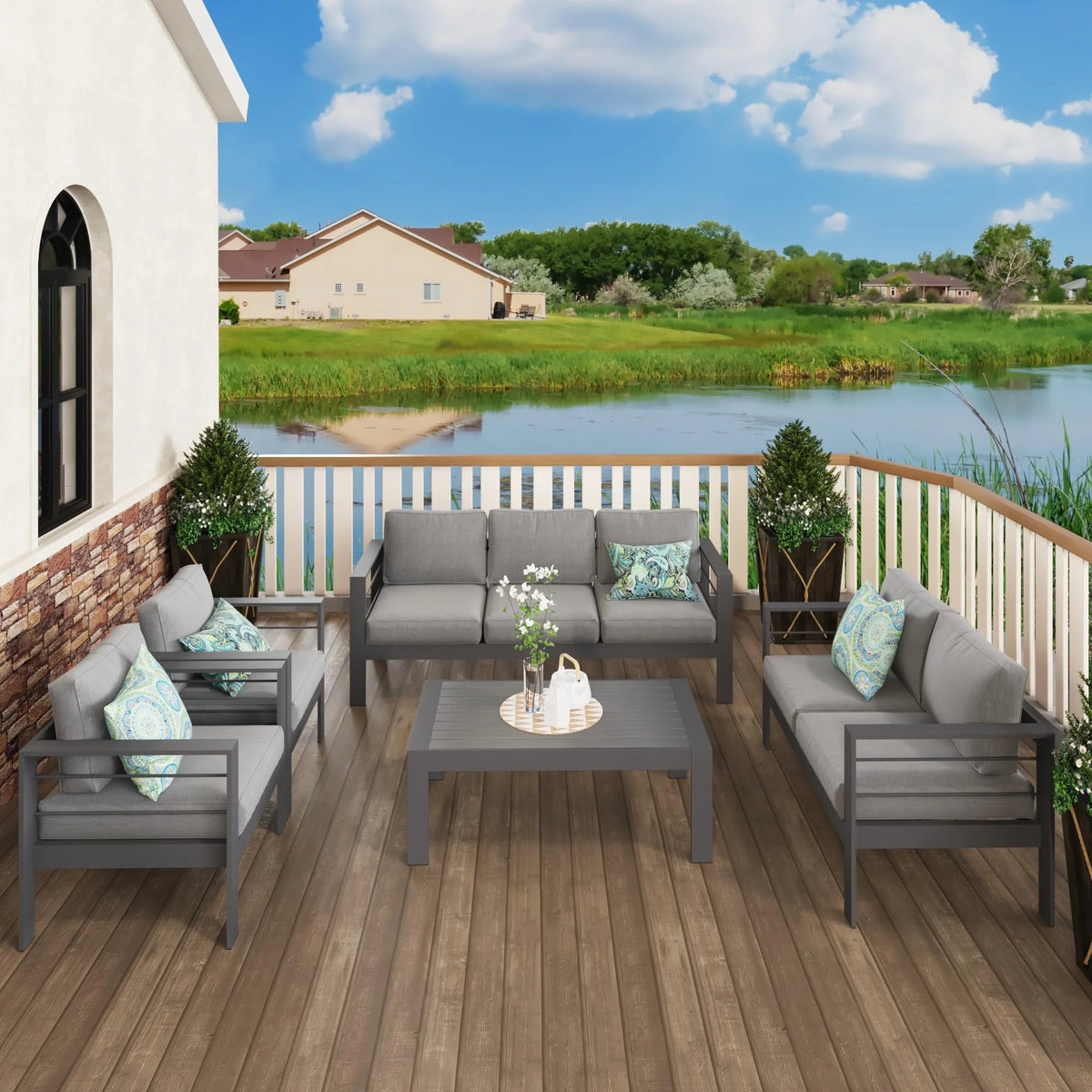 CozyHom 5 Pcs Outdoor Patio Aluminum Furniture Sofa Sets, Outside Patio Conversation Couch Sets With Table&Cushions for Garden Porch, Gray