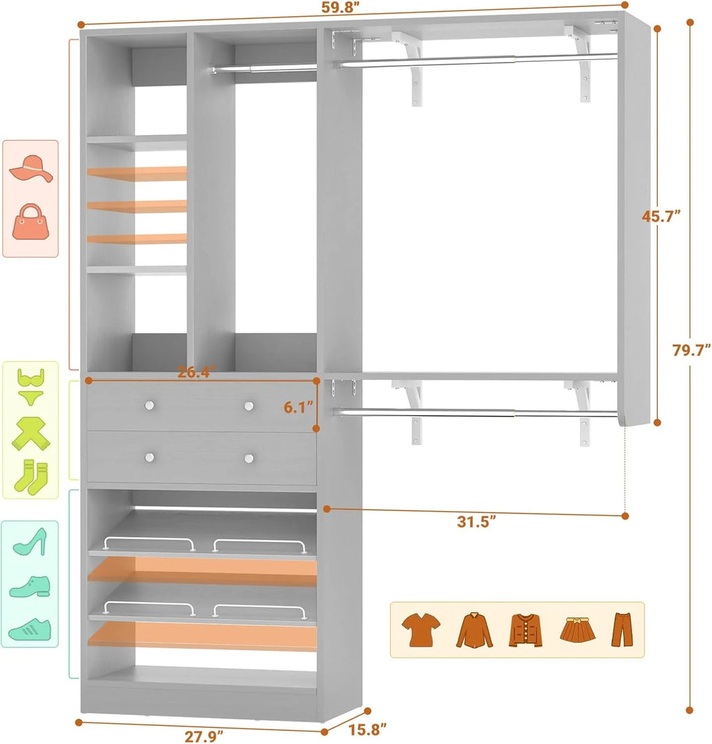 iSunirm 5FT Closet System with Drawers,5FT Closet System with Drawers, 60" Closet Organizer System with 2 Hanging Shelving Perfect Storage Solution for Organizing Your Closet