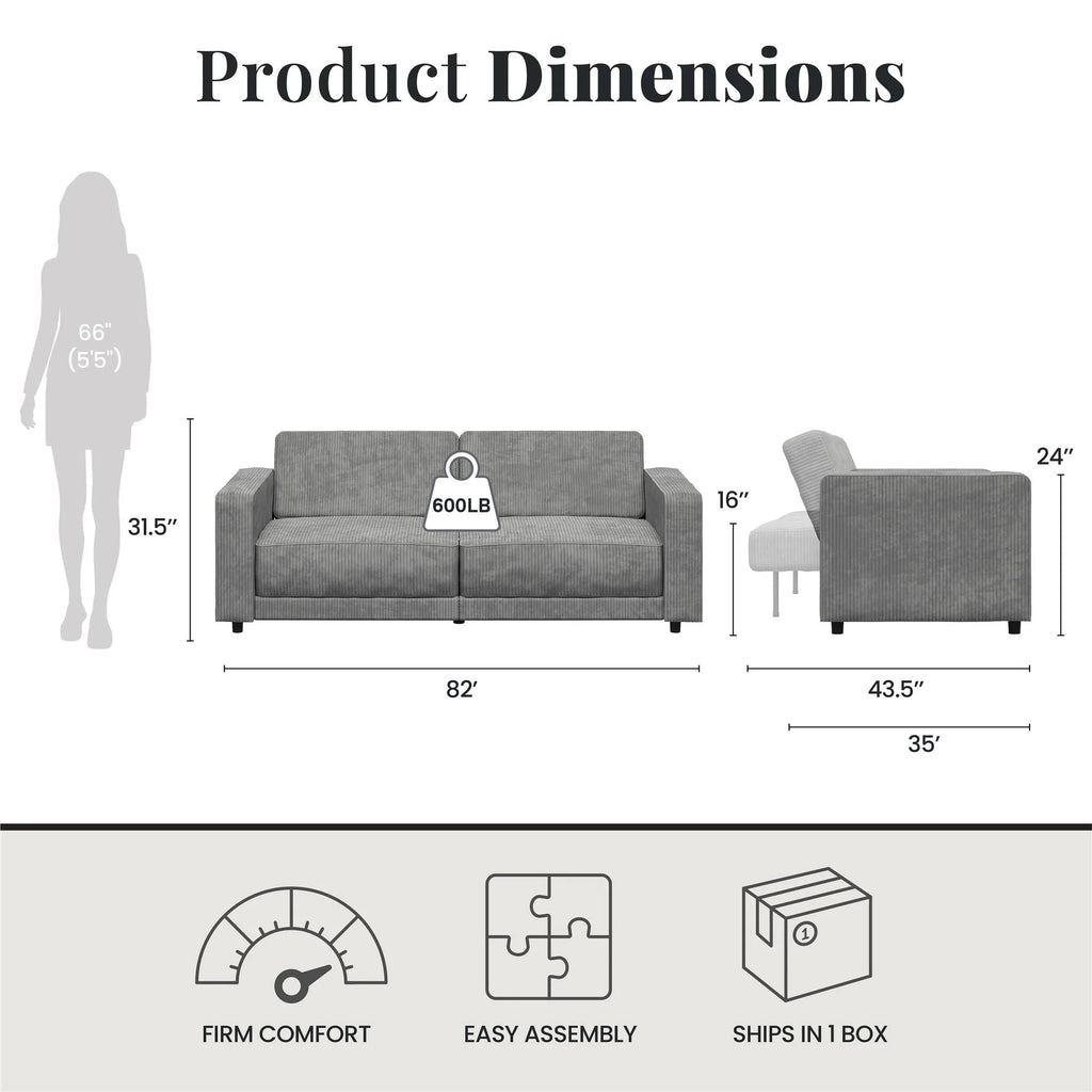 RealRooms Allie Corduroy 82" Futon Sofa Bed, Gray