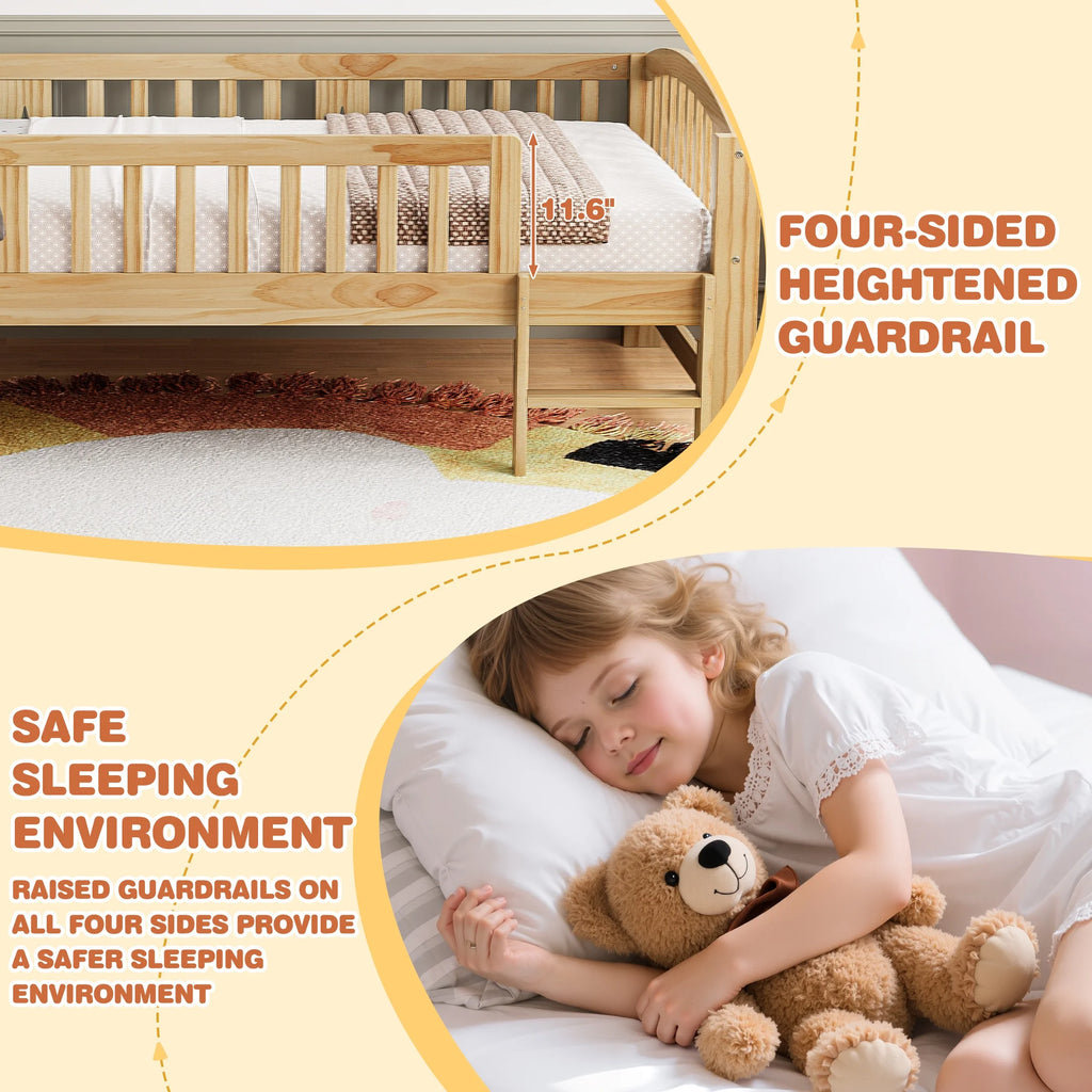 SESSLIFE Twin Size Platform Bed, Solid Wood Twin Bed Frame with Slats, Fence Guardrail Ladder, Twin Floor Bed with Strong Legs for Boys Girls, No Box Spring Needed, Holds 400 lbs, White