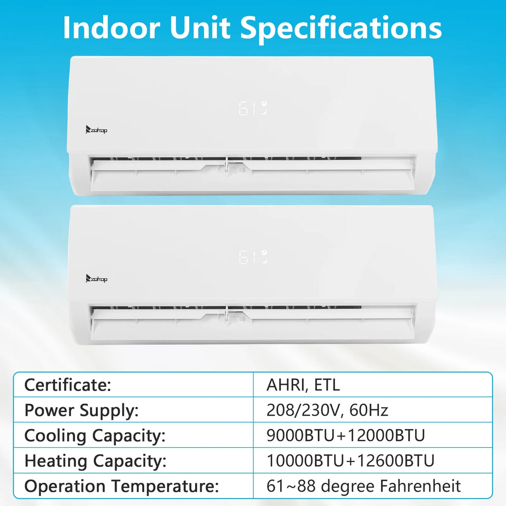 Ktaxon 2 Zone 9000 + 9000 BTU WIFI Mini Split AC/Heating System, 19 SEER2 Dual Zone 18000 BTU Ductless Split Air Conditioner with Pre-Charged Condenser, Heat Pump & 25Ft Installation Kit, 208-230V