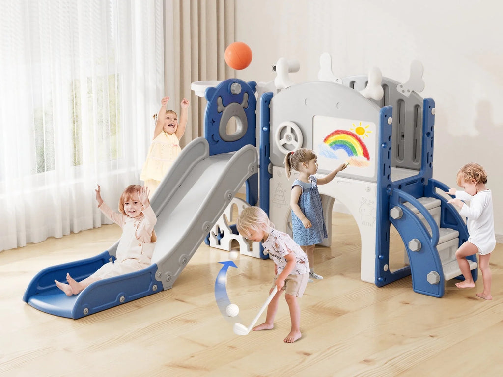 Korimefa 11-in-1 Toddler Slide Set with Golf, Basketball Hoop, Kids Slide for Toddlers Age 1-4, Climber Slip and Slides, Baby Outdoor Toys