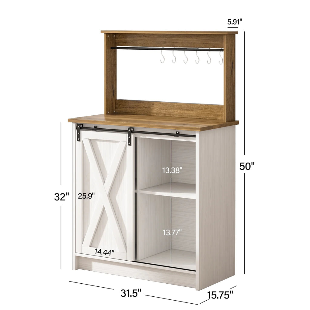 Catrimown Coffee Bar Cabinet, Barn Door Sideboard Buffet Cabinet with Storage, White