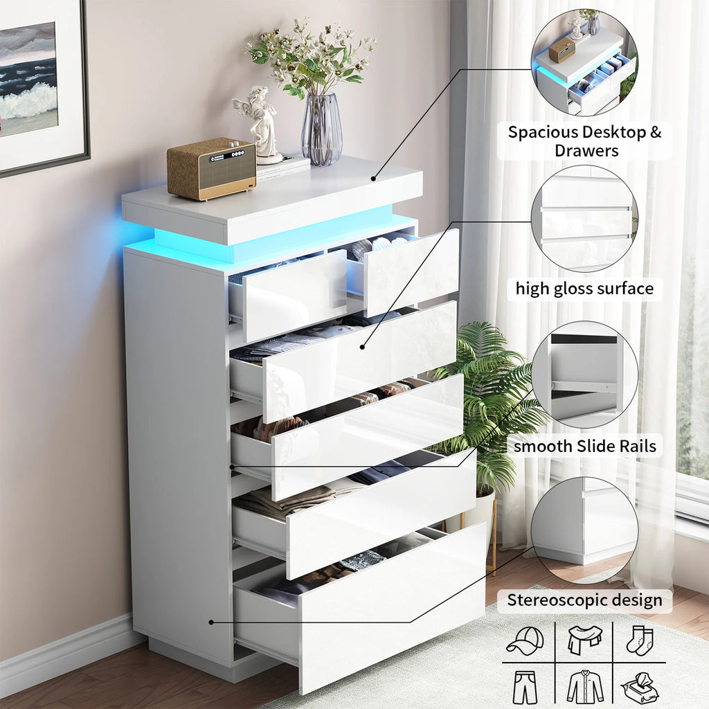 NEGYLIM 6 Drawer White Dresser, High Gloss Dresser with LED Light for Bedroom, Living Room, Hallway, Easy Assembly