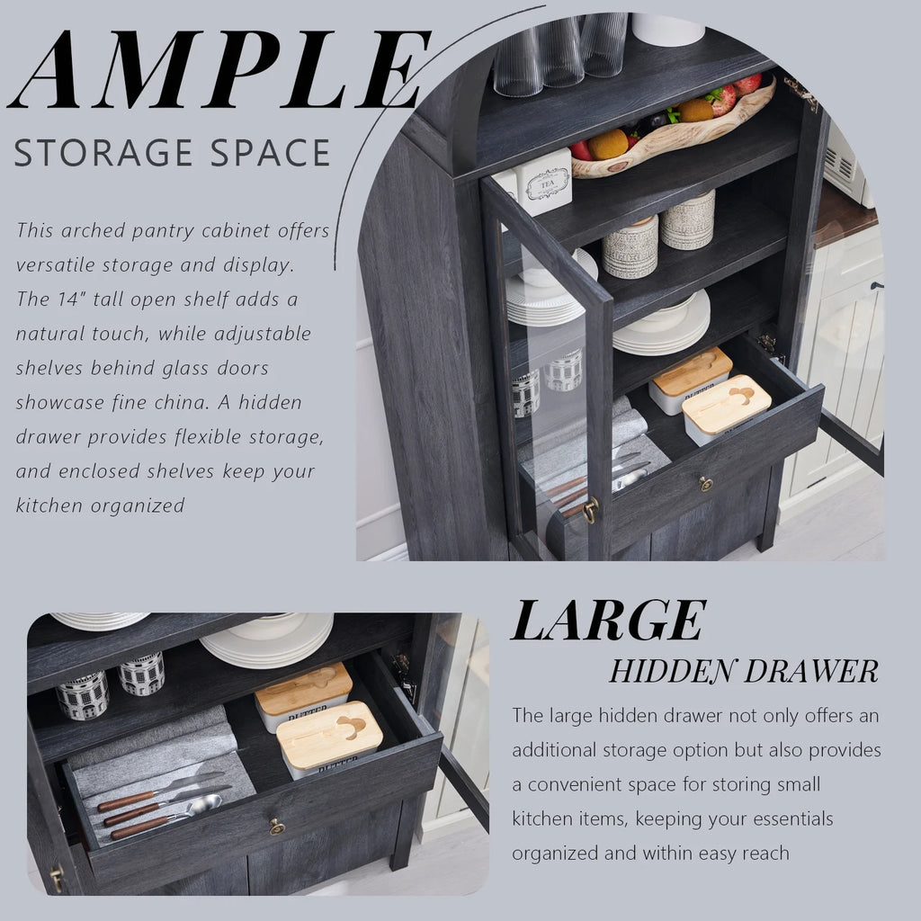 SinCiDo Arched Kitchen Pantry Storage Cabinet, 71-Inch Tall Wood Adjustable Shelves, 2 Doors, 2 Drawers