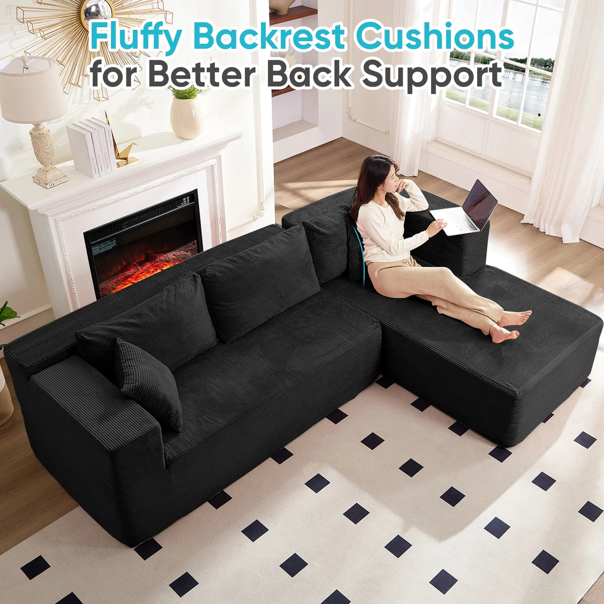 ZAFLY 106" Cloud Sectional Couch with Chaise, No Assembly Required L Shaped Sleeper Sofa, Oversized Deep Seat Modular Couches and Sofas for Living Room - Right, Black