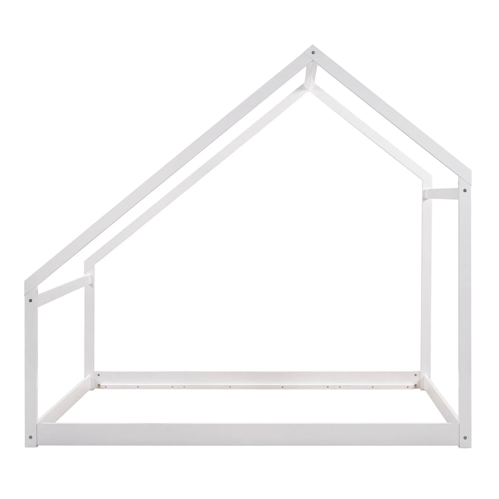 Full Size House Bed, Wooden Floor Bed Frame with Roof for Toddlers Kids Girls Boys, Can be Decorated, White 77.8"L x 56.8"W x73.2"H