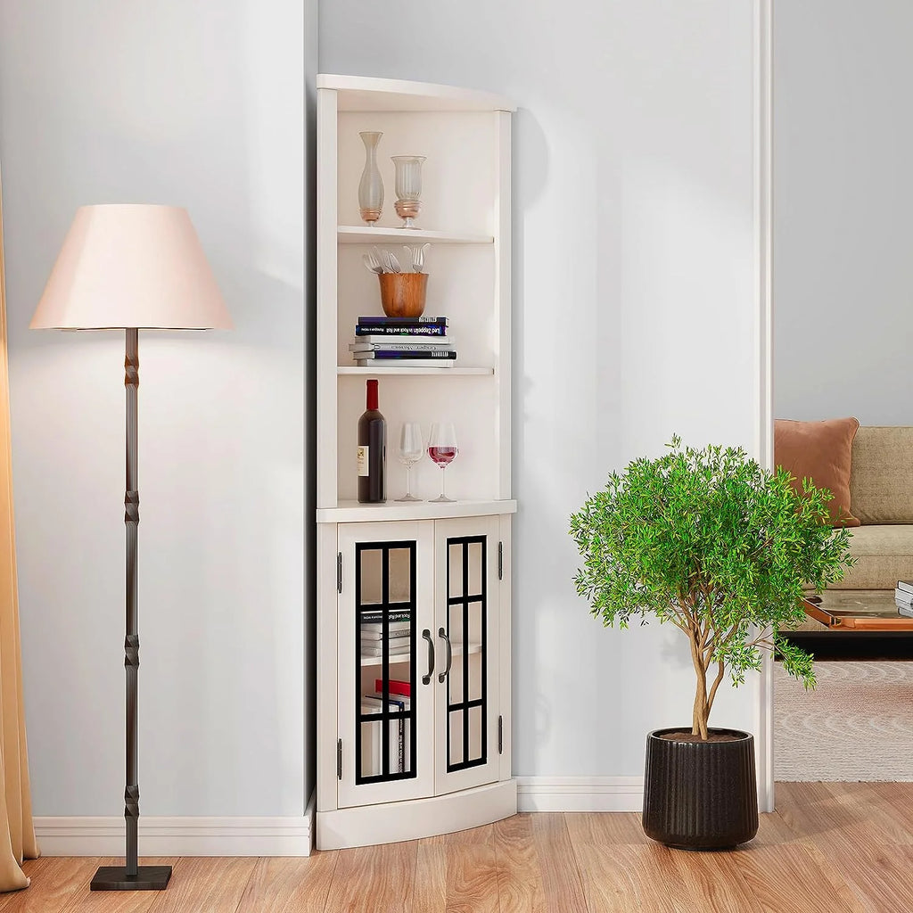 Merluxy Curved Corner Cabinet, 65" Wood Bookcase with 3 Shelves, Distressed White