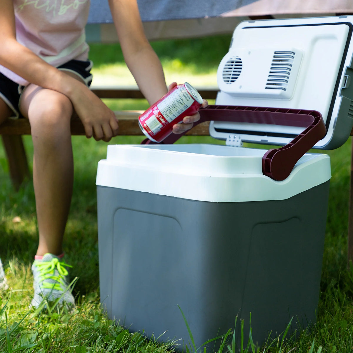 Koolatron 12V Electric Cooler 24L (26 qt), With Self-Locking Handle, Gray/Red