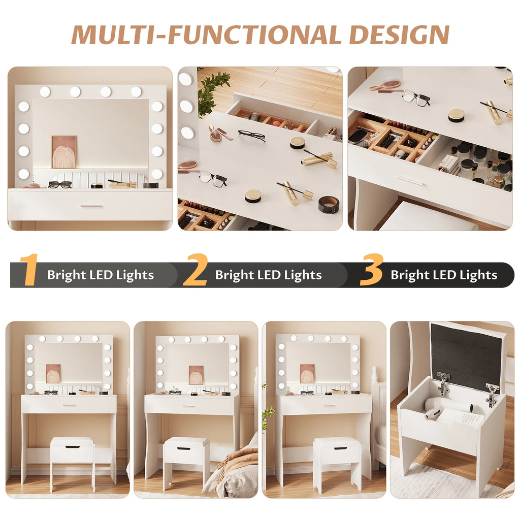 Vanity Table Set with Lighted Mirror,Makeup Vanity with Lights, Large Drawer Sturdy Wood Vanity, White