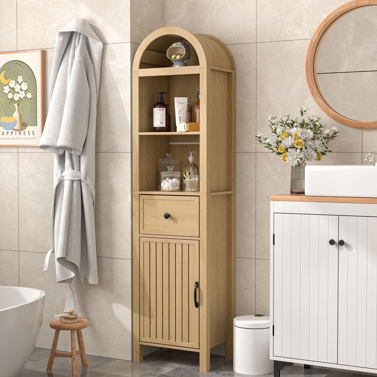 Fiogmub Tall Bathroom Storage Cabinets with Doors and Shelves, Narrow Tall Linen Cabinet with Drawer