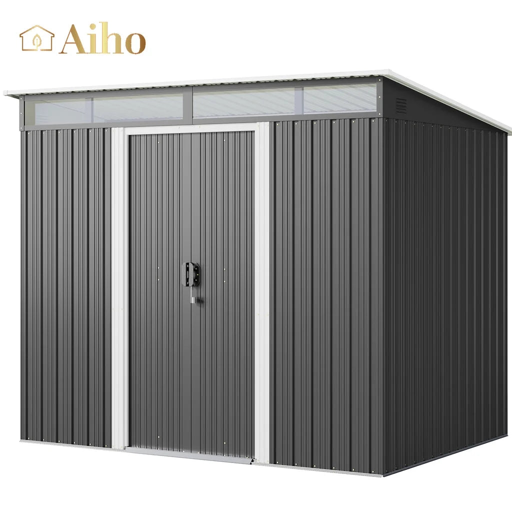Aiho 8x6 FT Metal Storage Shed, Sheds & Outdoor Storage with Sliding Doors, Galvanized Steel Garden Shed for Bike Storage, Tool Storag - Gray