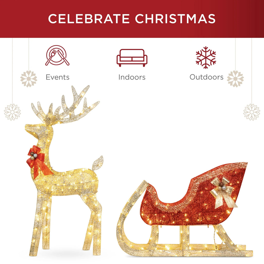 Best Choice Products Lighted Christmas 4ft Reindeer & Sleigh Outdoor Yard Decoration Set w/ 205 LED Lights, Stakes
