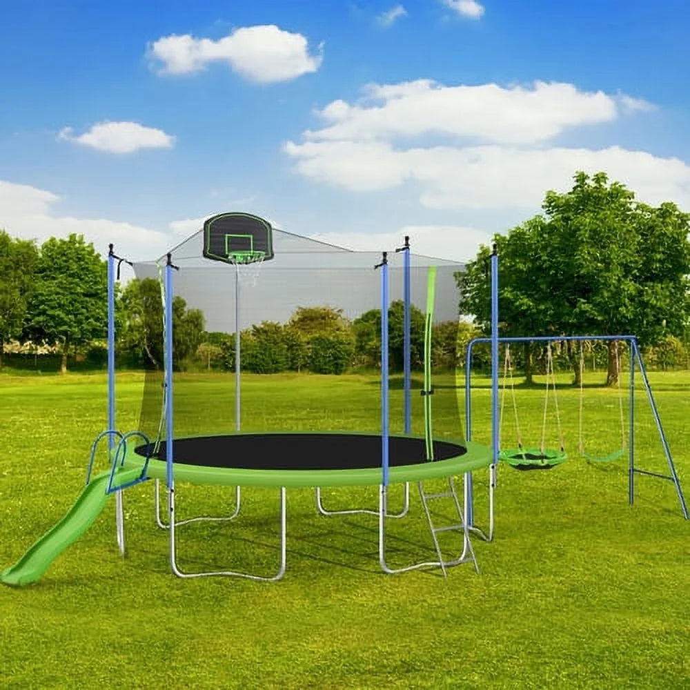 SOGES 12ft Trampolines with Slide and Swing, Basketball Hoop, 4�C7 Kids