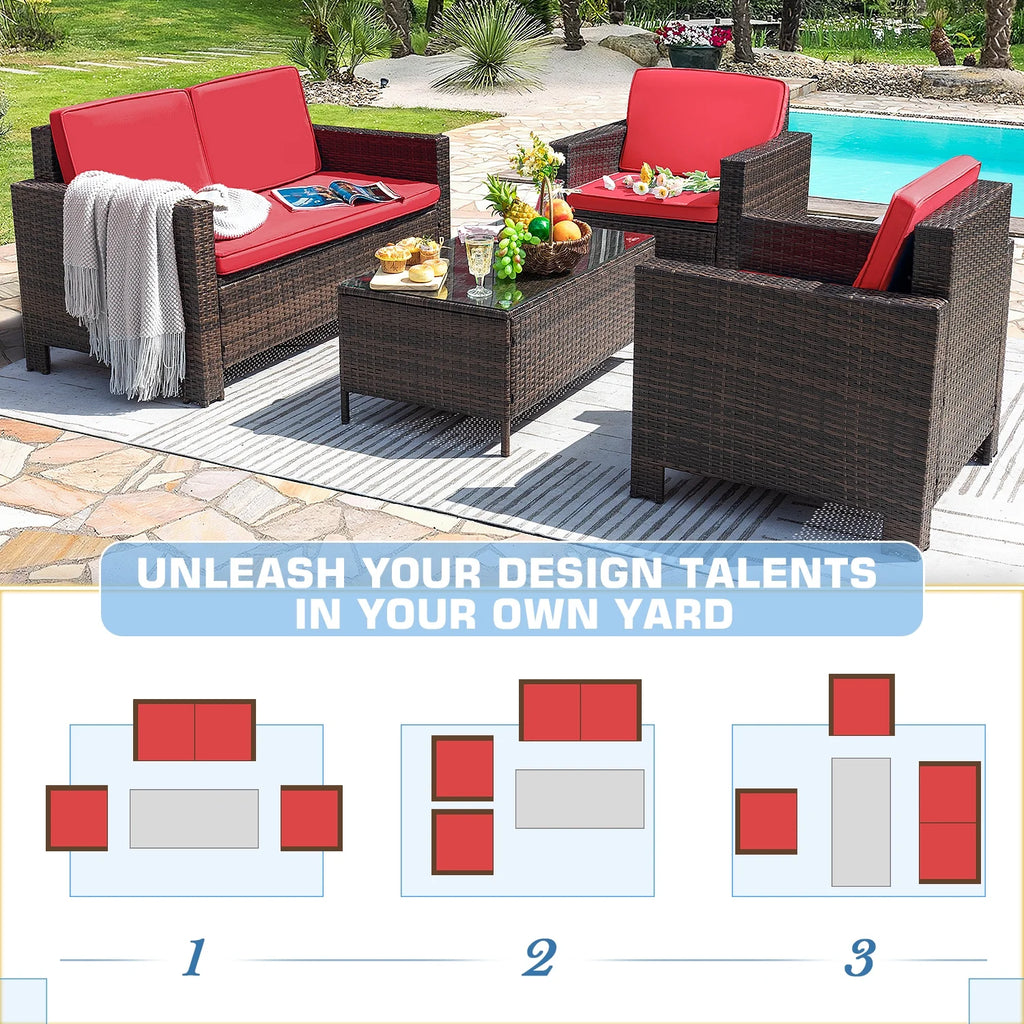 Lacoo 4 Pieces Patio Furniture Sets Rattan Chair Wicker Conversation Sofa Set Outdoor Tble and Chairs for Backyard Porch Garden Poolside Balcony, White