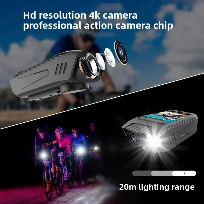 4K Motorcycle Camera with Light and Horn, Cycling Dash Cam with 6-Axis Stabilization, Night Vision, Waterproof, 128G Support