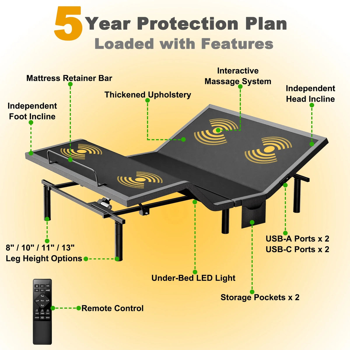 CHITOOMA Electric Adjustable Bed Frame Queen with Massage (4 Modes & 3 Intensities), Wireless Remote, Zero Gravity, 4 USB Ports, Under-Bed Nightlight, 3 Minutes Fast Assembly