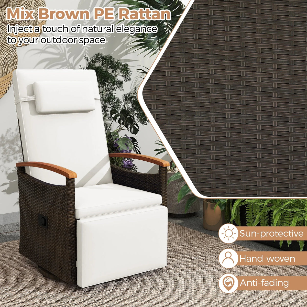 Costway Outdoor 360�� Swivel Rattan Recliner Chair Patio Wicker Chaise Lounge Chair Beige